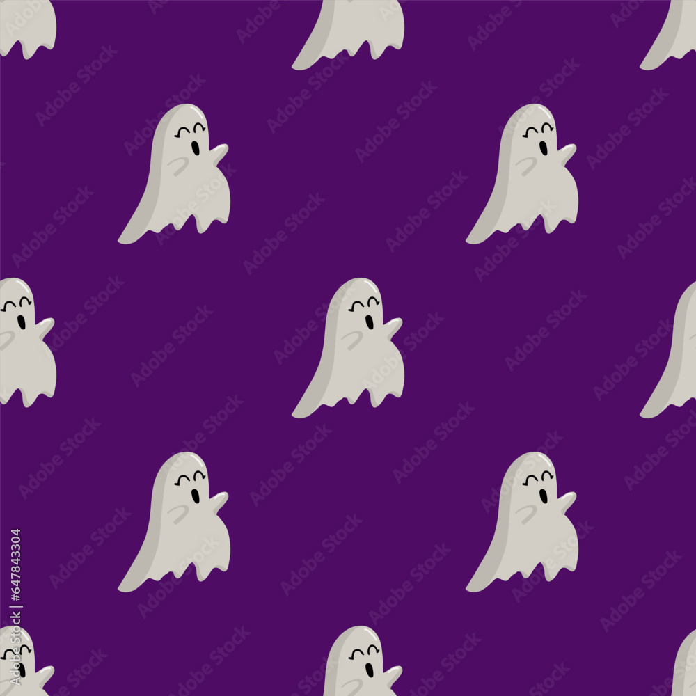 Simple seamless pattern with cute ghost. Halloween trendy concept. Hand drawn vector illustration for cover, stationary, wallpaper, prints, wrapping, textile
