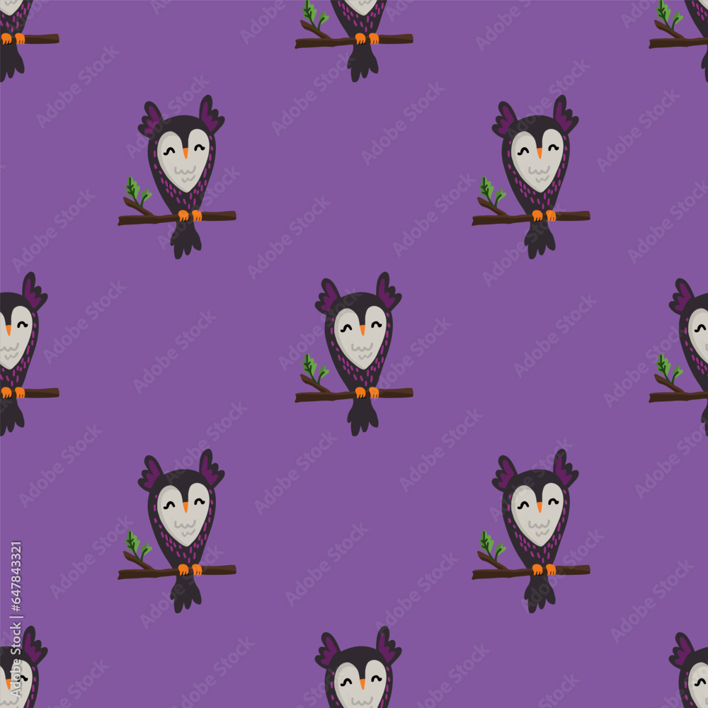 Simple seamless pattern with cute owl on the branch. Halloween trendy concept. Hand drawn vector illustration for cover, stationary, wallpaper, prints, wrapping, textile