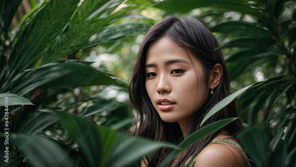 Portrait of a beautiful Asian girl against a background of tropical leaves Portrait of a beautiful Asian girl against a background of tropical leaves