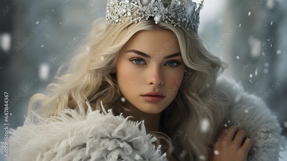 Snow queen. Beautiful young woman in crown and fur coat. Winter queen. Winter fairy tale.