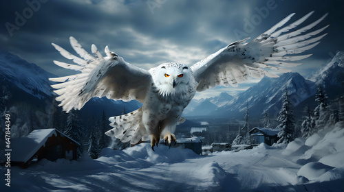 Snowy owl with wings spread in the winter forest. Snowy owl flying in the sky. (Bubo scandiacus)	 photo