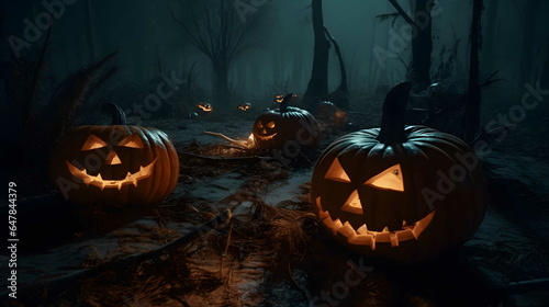 Halloween background with pumpkin head jack lanterns, burning candles, bats in dark spooky mystery forest at Halloween night. 