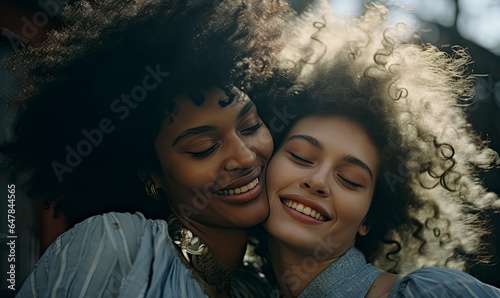 Two Happy African American Women Embracing and Smiling with Natural Hair
