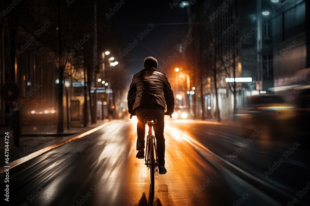a man cyclist riding a bicycle at high speed in city street with motion blur