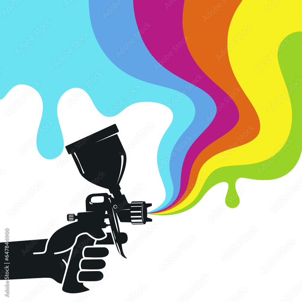 Spray gun in hand and waves of colored paint. Design for painting and painter Spray gun in hand and waves of colored paint. Design for painting and painter