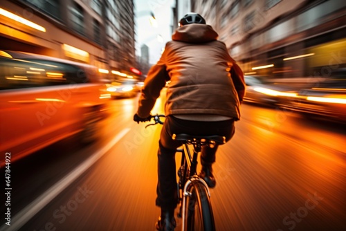 a man cyclist riding a bicycle at high speed in city street with motion blur