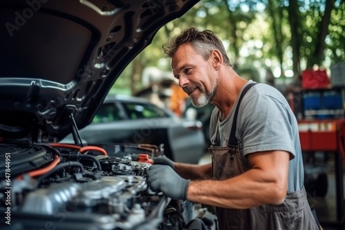 a middle age car mechanic working on an engine