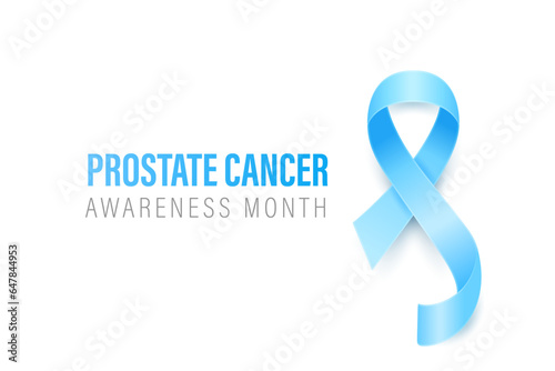 Prostate Cancer Banner, Card, Placard with Vector 3d Realistic Blue Ribbon on White Background. Prostatea Cancer Awareness Month Symbol Closeup, September. World Prostate Cancer Day Concept
