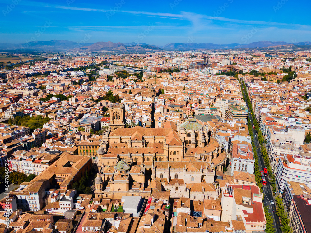 Granada Cathedral city aerial panoramic view in Spain