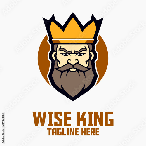 Wise King Head Mascot Logo and Man with Crown: Icon Badge Emblem in Sport and Esport