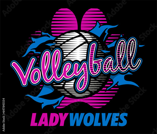 lady wolves volleyball team design with ball ripping through the background for school, college or league sports