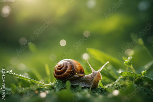 Macro shot of a snail on the grass after the rain. ai generative