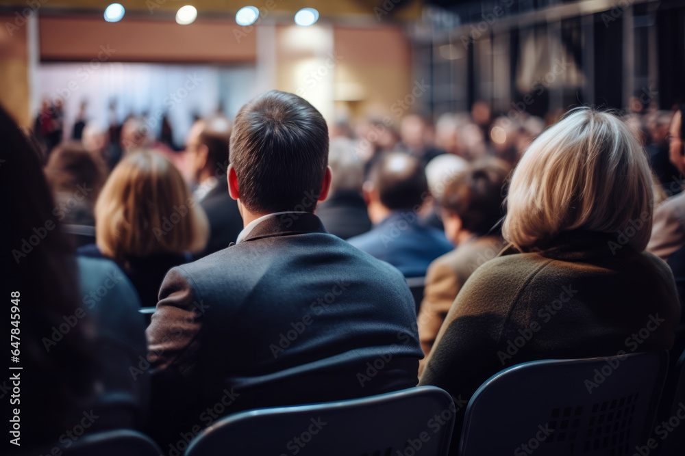 rear view of an audience in a conference hall listening to a business speaker - obrazy, fototapety, plakaty 