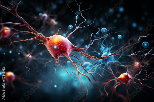 Science test learning, studying concept. Human brain cell with dendrites, active nerve cells, brain activity neutron in human neural system, interconnected neurone electrical pulses