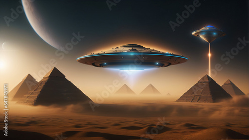 Flying Saucer and pyramids. Extremely detailed and realistic high resolution concept design illustration