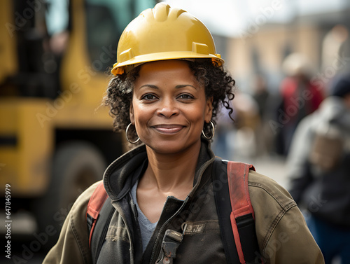 A black woman working amidst the backdrop of a construction site. Smiling black woman in work uniform, construction helmet and safety vest. Woman shining as an example of success.