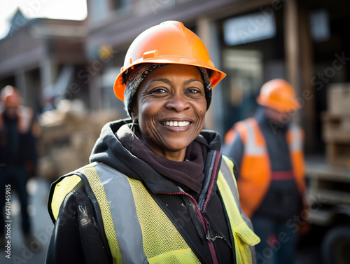 A black woman working amidst the backdrop of a construction site. Smiling black woman in work uniform, construction helmet and safety vest. Woman shining as an example of success.