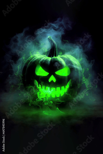 Halloween pumpkin surrounded by green smoke on a black background. Happy Halloween flyer. Place for text