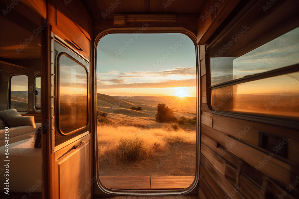 Sunset or sunrise through motor home caravan RV window from inside ...