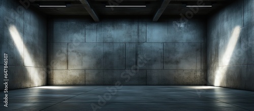 Illustration and rendering of an abstract nighttime view of an empty illuminated room with a concrete architectural background