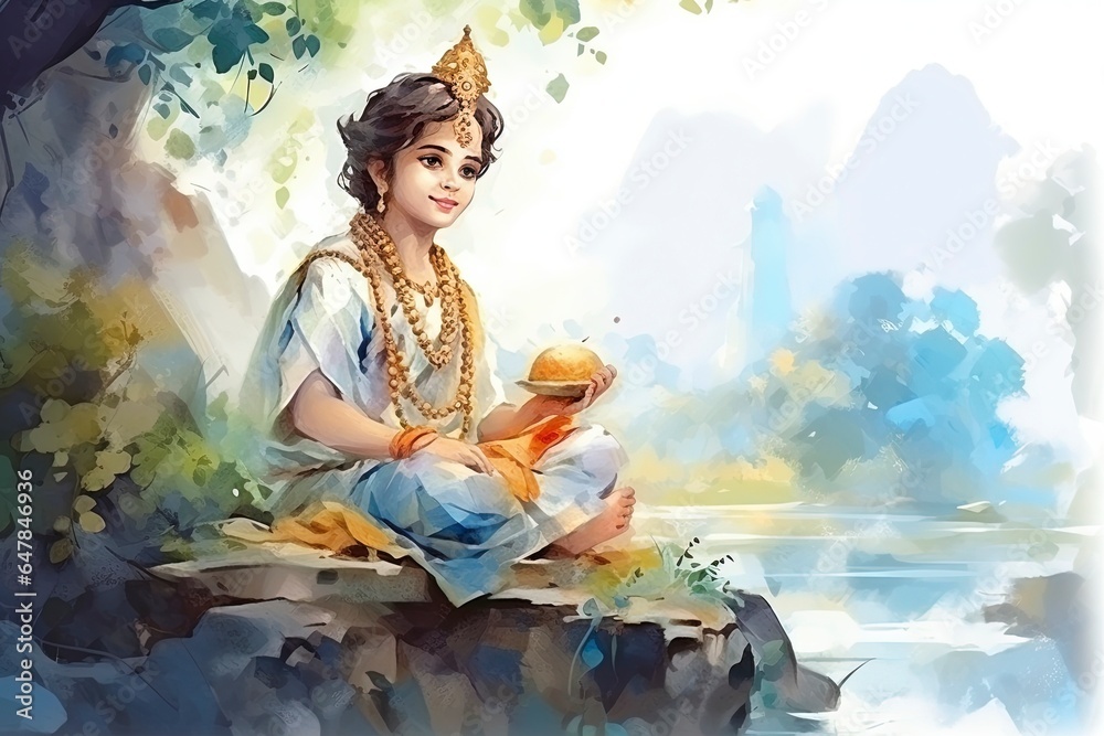 krishna janmashtami white background and empty space for text, watercolor style, generative ai