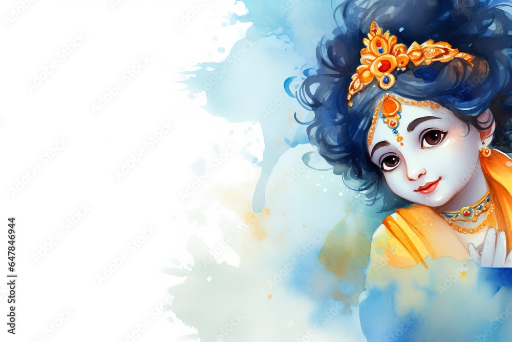 krishna janmashtami white background and empty space for text, watercolor style, generative ai
