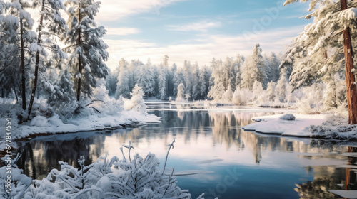 white snowy forest with a fresh lake in the middle