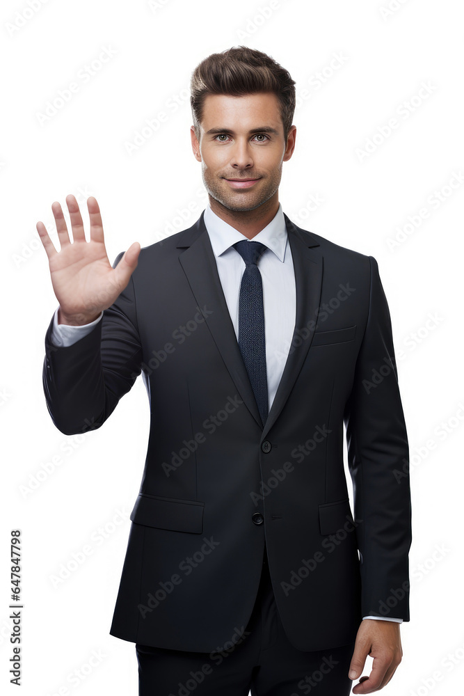 a man in a suit waving to camera on white background a man in a suit waving to camera on white background