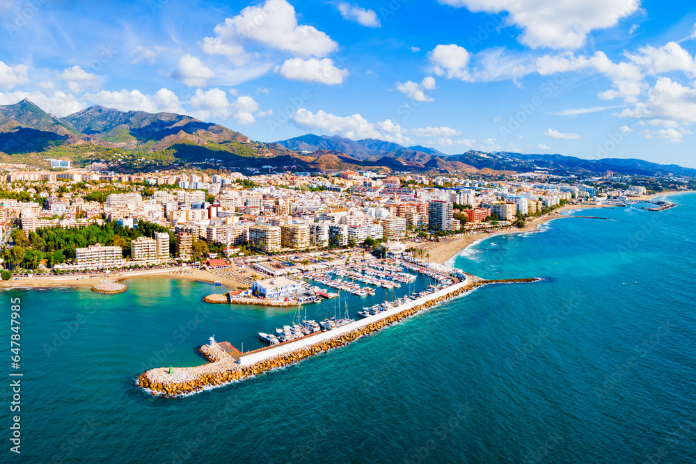 Marbella city port and beach aerial panoramic view - obrazy, fototapety, plakaty 