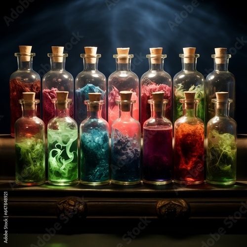 Colorful magic bottles in liquid form, in the style of misty gothic, shot on 70mm, dye-transfer
