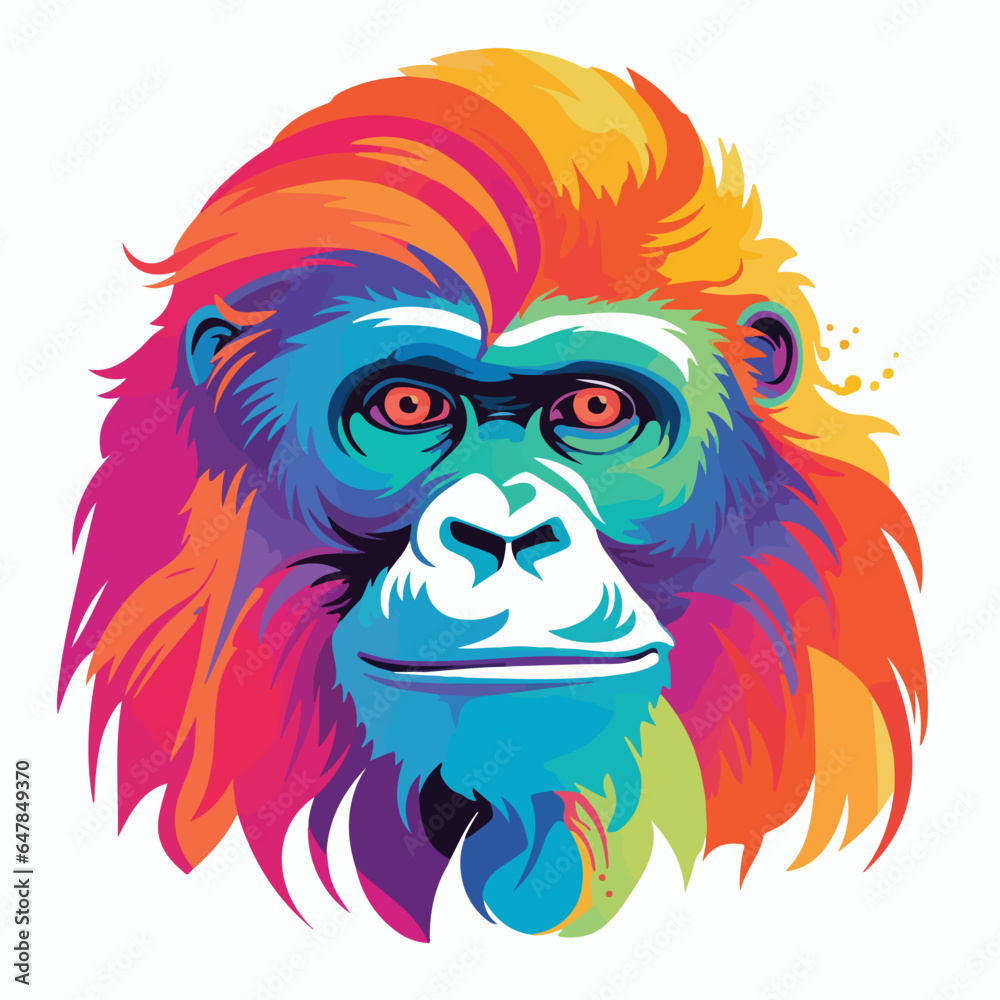 Fototapeta premium Orangutan rainbow, flat vector, groovy lo-fi