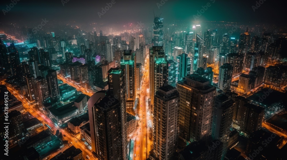 Captivating Evening Vistas: Illuminated Skyscrapers Define Urban Landscapes, generative AI