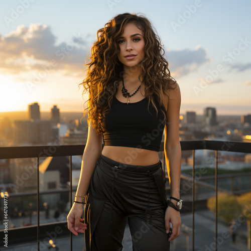 cool brunette long-haired woman at outdoor party in the city at a roofgarden photo