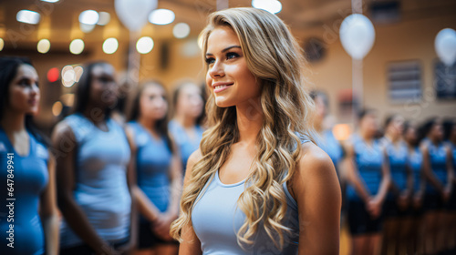 high school girl at a sports hall for cheerleading photo