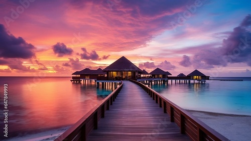 sunset on the pier in the Maldives
