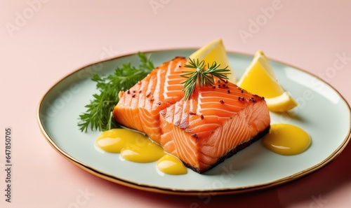 Salmon steak on a blue plate decorated with greens and yellow sauce on a pink background professional dish