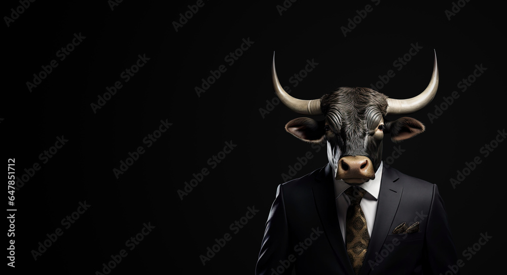 Portrait of a Bull of the Stock Market in Business Suit on Black Background - obrazy, fototapety, plakaty 