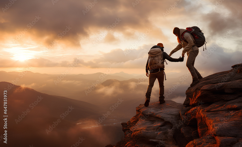 People helping each other hike up a mountain at sunrise. Giving a helping hand, and active fit lifestyle concept.Asia couple hiking help each other. - obrazy, fototapety, plakaty 