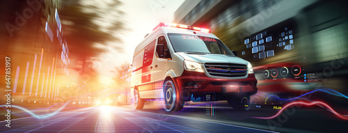quick response medical ambulance vehicle or truck speeding on the way for accident or health care emergency services concepts as wide banner with infographic information photo