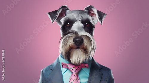 Abstract portrait of a animal dressed up as a man in elegant pastel suit. A human size dog in suit on pink background. Schnauzer.