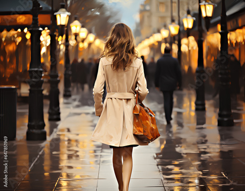 a beautiful model woman walking with shopping bags buying clothes in stores on a paris street in france. fashionable lady with high heels. from behind. perfect for a advertisement.