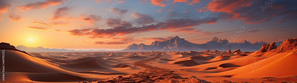 vast desert landscape morning sun, sand dunes, panoramic view, winding path cuts through the desert distant rugged mountains, dramatic sky with scattered clouds illuminated by the setting sun.
