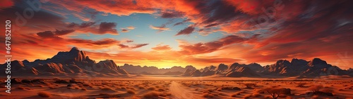 A stunning, ultra-wide panoramic photograph of a vast desert landscape at sunrise, with golden sand dunes stretching out into the distance, and the sky awash in a warm, orange glow. © DigitalArt