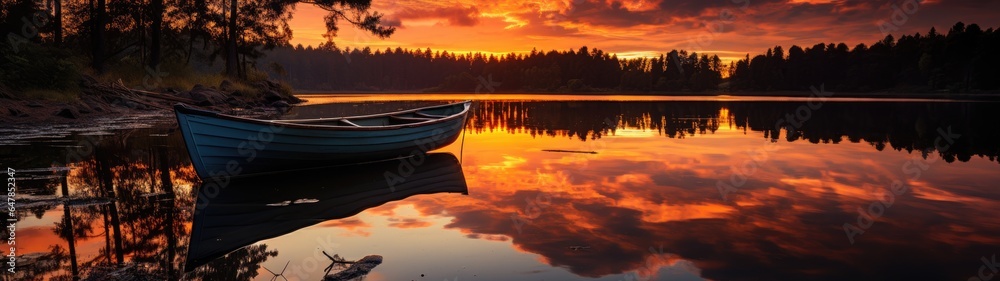 The serene lake, bathed in the warm glow of sunset, reflects a sky ablaze with golden colors. The gentle silhouettes of trees and boats on the horizon provide a contrasting depth.