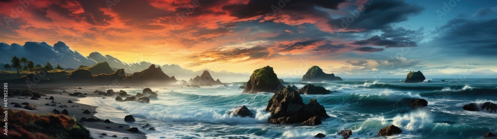 Fototapeta premium The rugged beauty of the coastline is unveiled in a panoramic display, where cliffs challenge the crashing waves. 