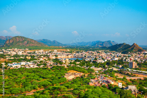 Pushkar town aerial panoramic view  India
