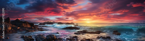 rugged coastline at twilight, rugged coastline, with towering cliffs, crashing waves, turbulent sea, dramatic sky filled with shades of blue, purple, and pink, fiery red and orange hues