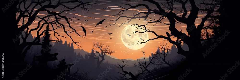Mystical mountain forest landscape. Halloween illustration. The large, bright moon lights up the night sky. Creative design for banner, ads, flyer, poster with copy space, background for website