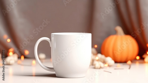 White coffee cup mockup with autumn fall home decor  pumpkins  cup of coffee. Halloween or Thanksgiving concept.