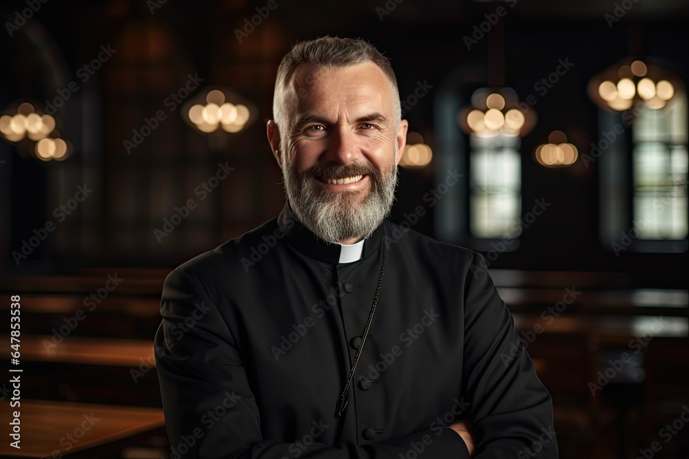 Portrait of a smiling catholic priest.